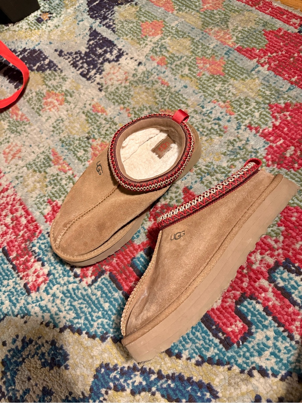 UGG Chestnut Suede Slip-On Clog with Red Trim big kids 4